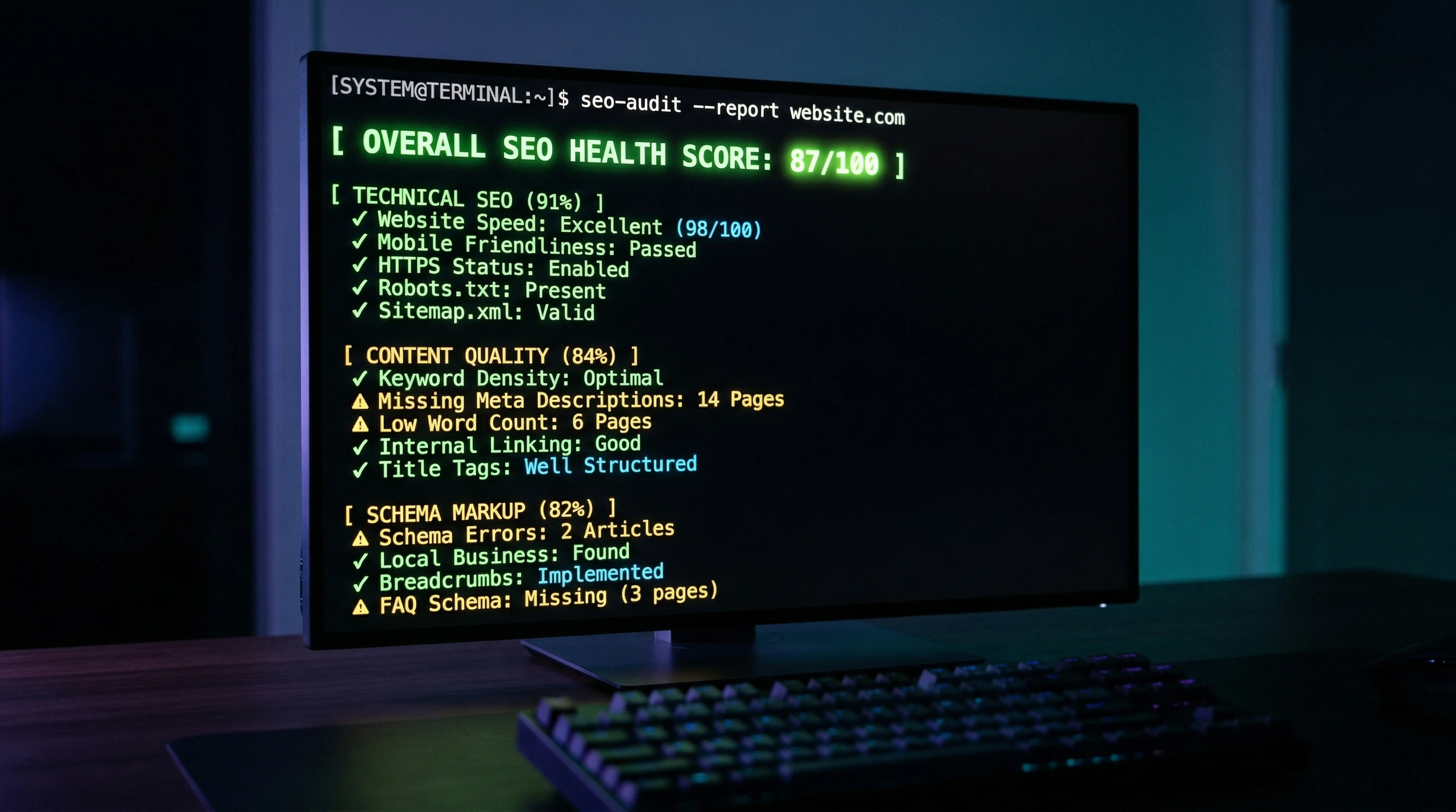 Claude Code SEO terminal hiển thị kết quả audit SEO với điểm health score 87/100