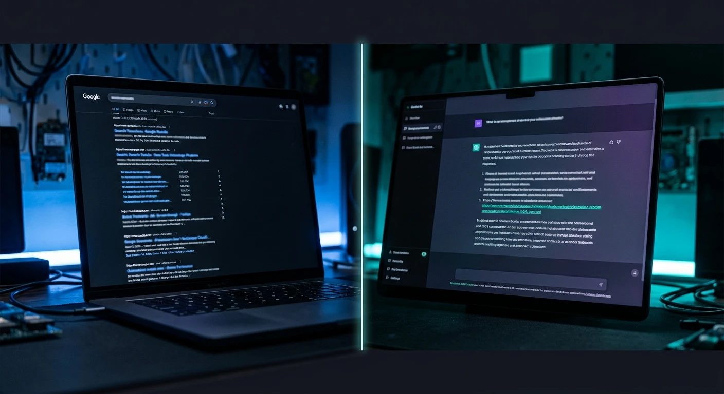 Màn hình split-screen so sánh Google Search truyền thống bên trái và giao diện AI chat trích dẫn website bên phải trong bối cảnh tối cinematic