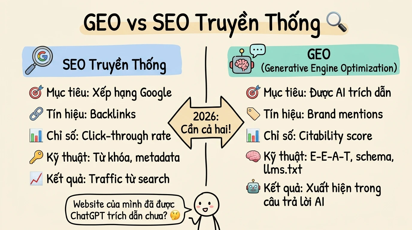Infographic whiteboard so sánh GEO Generative Engine Optimization và SEO truyền thống hai cột song song với mũi tên 2026 ở giữa