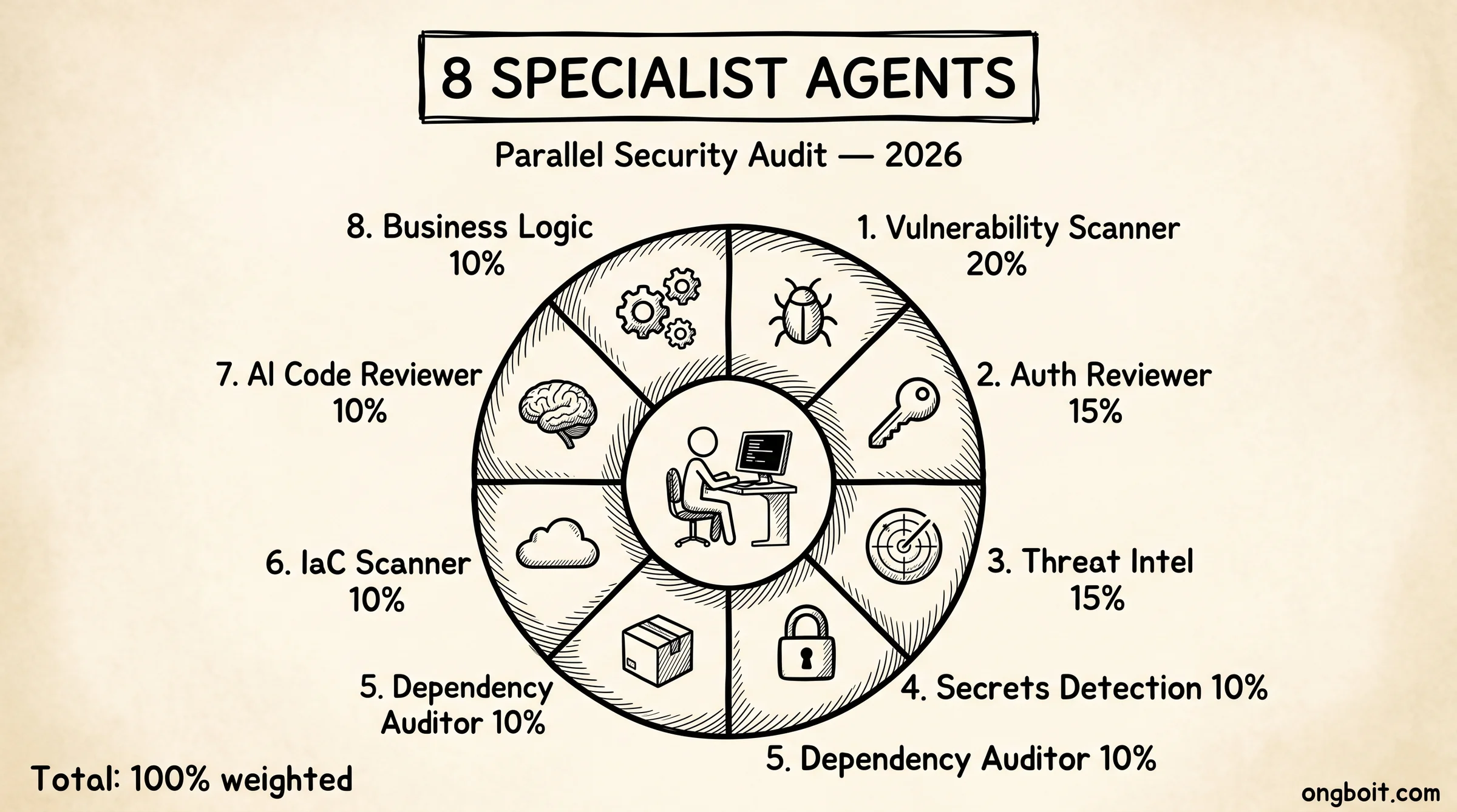 8 specialist agents của claude-cybersecurity: Vulnerability Scanner, Auth Reviewer, Threat Intel, Secrets Detection, Dependency Auditor, IaC Scanner, AI Code Reviewer, Business Logic Analyzer