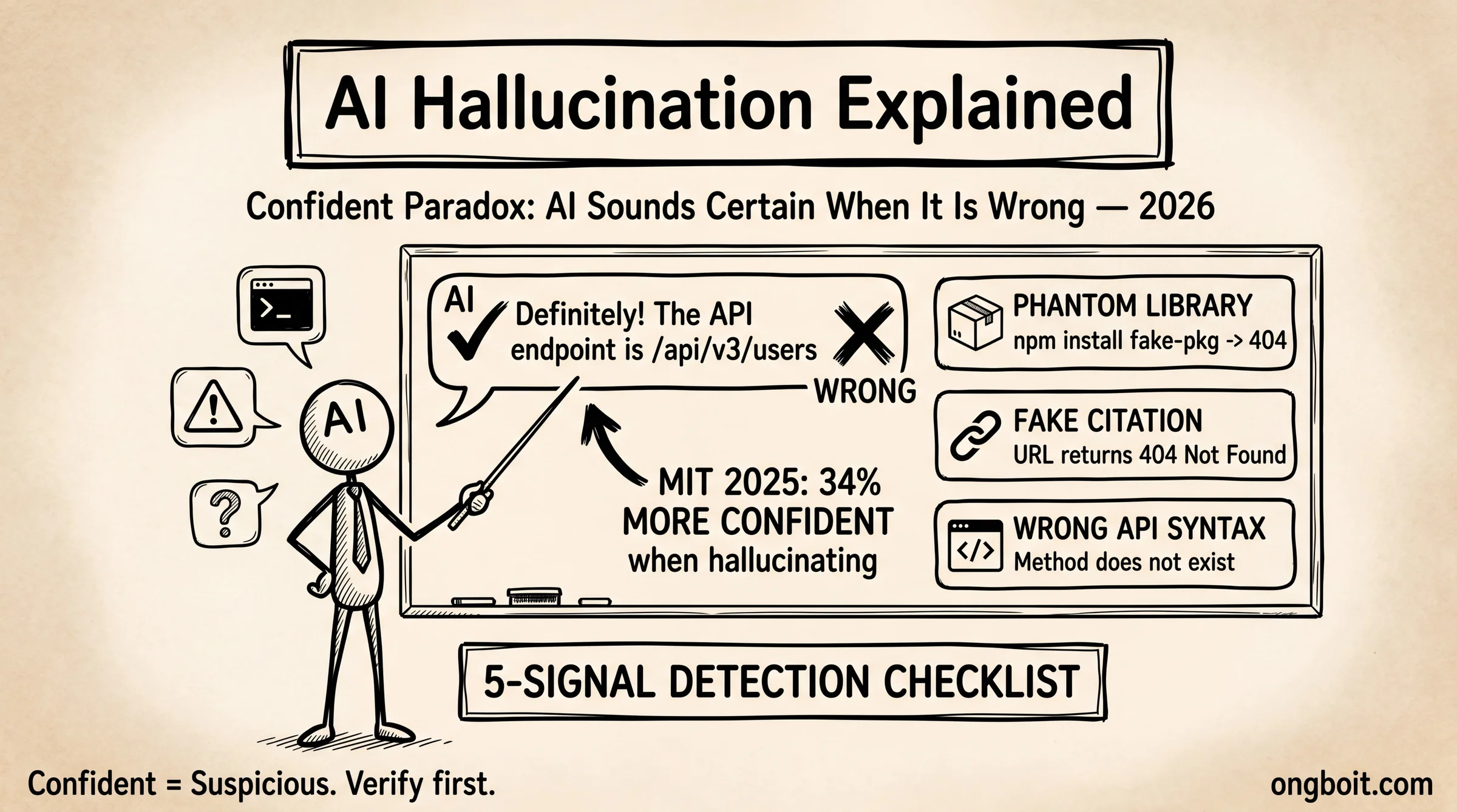 Sơ đồ AI Hallucination và Confident Paradox: minh họa tay trên nền giấy cũ