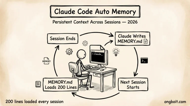 Claude Code auto memory workflow diagram showing 4-step cycle: session ends, Claude writes MEMORY.md, next session starts, MEMORY.md loads 200 lines