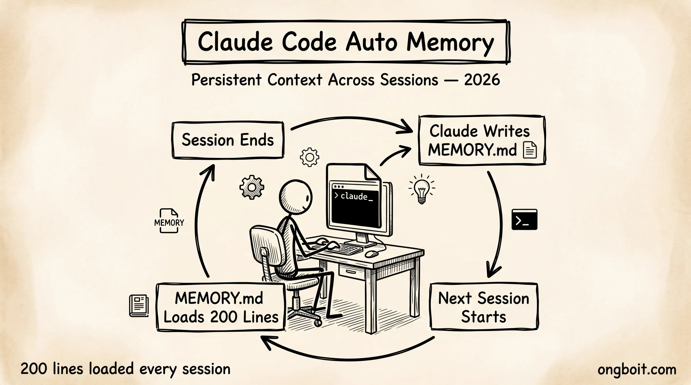 Claude Code auto memory workflow diagram showing 4-step cycle: session ends, Claude writes MEMORY.md, next session starts, MEMORY.md loads 200 lines