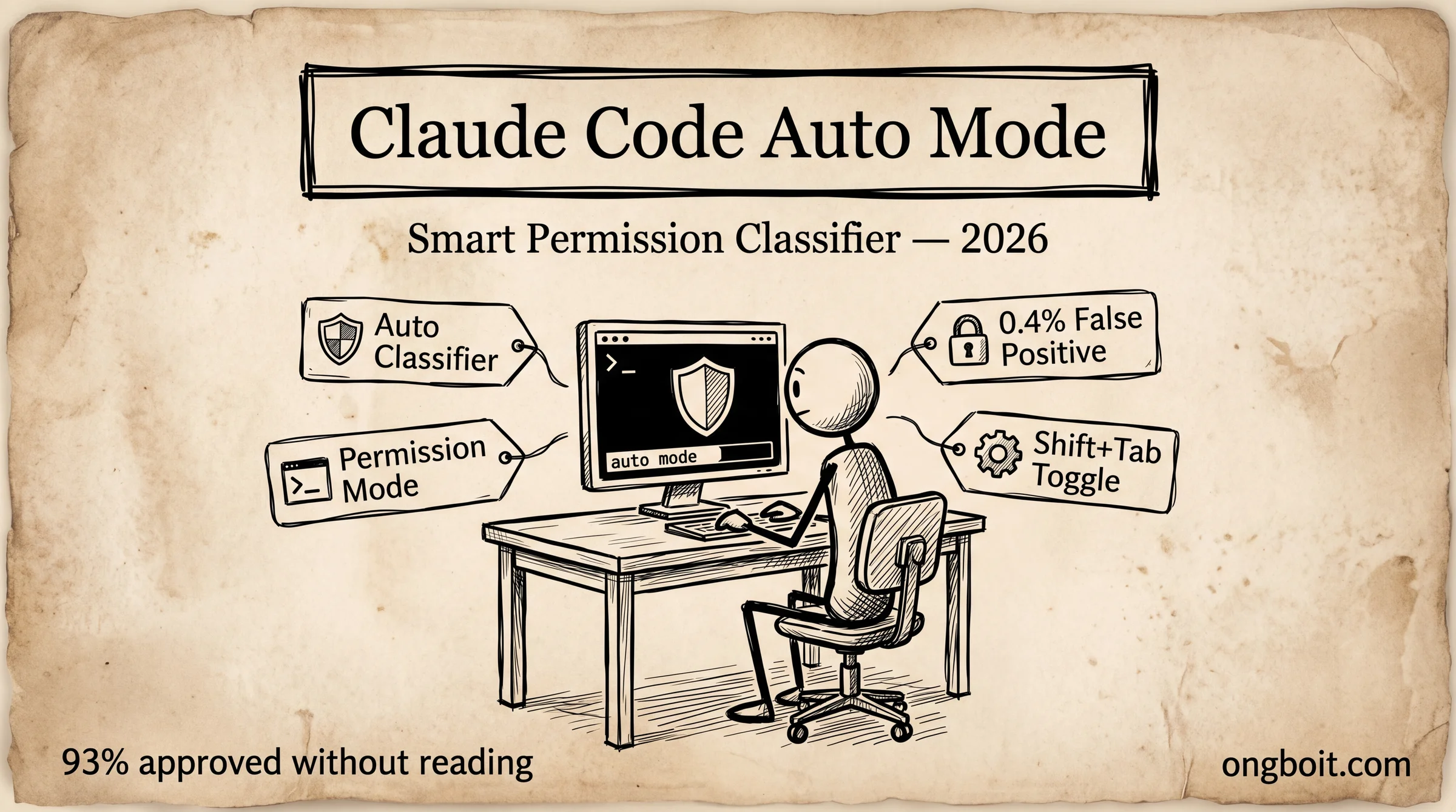 Claude Code Auto Mode permission classifier - stick figure at terminal with shield icon and auto mode status bar