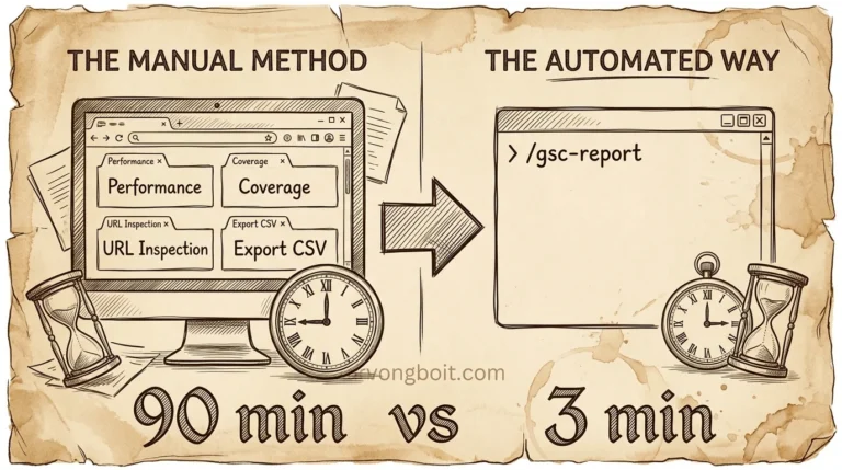 Claude Code Search Console skill: terminal chạy /gsc-report và xuất file HTML báo cáo GSC đầy đủ