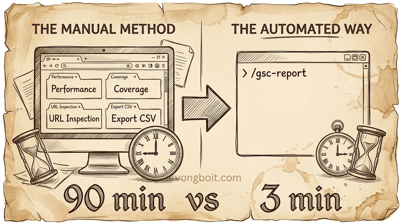 Claude Code Search Console skill: terminal chạy /gsc-report và xuất file HTML báo cáo GSC đầy đủ