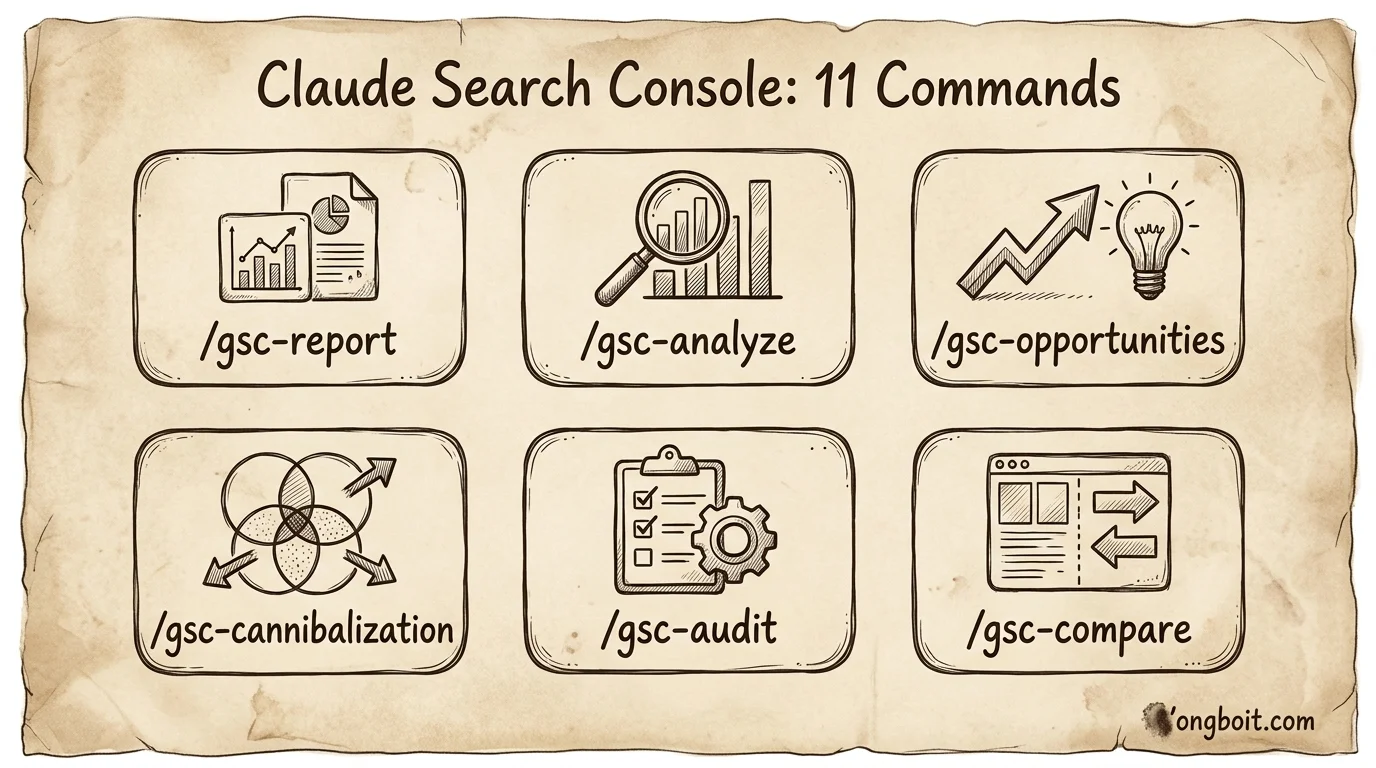 11 slash commands của claude-search-console skill: /gsc-report, /gsc-analyze, /gsc-opportunities và các lệnh khác