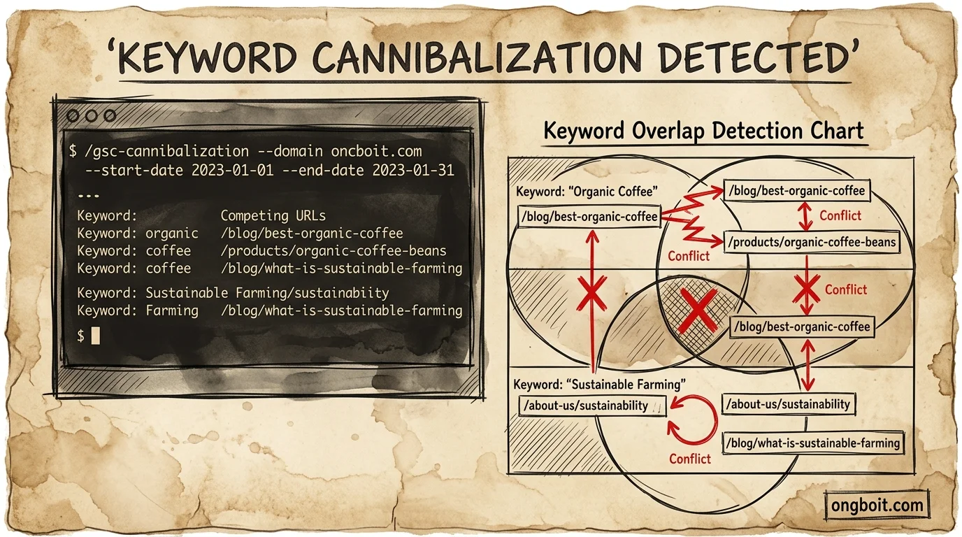 Cấu trúc báo cáo HTML từ /gsc-report: KPI cards, sparklines, cannibalization detection, action plan