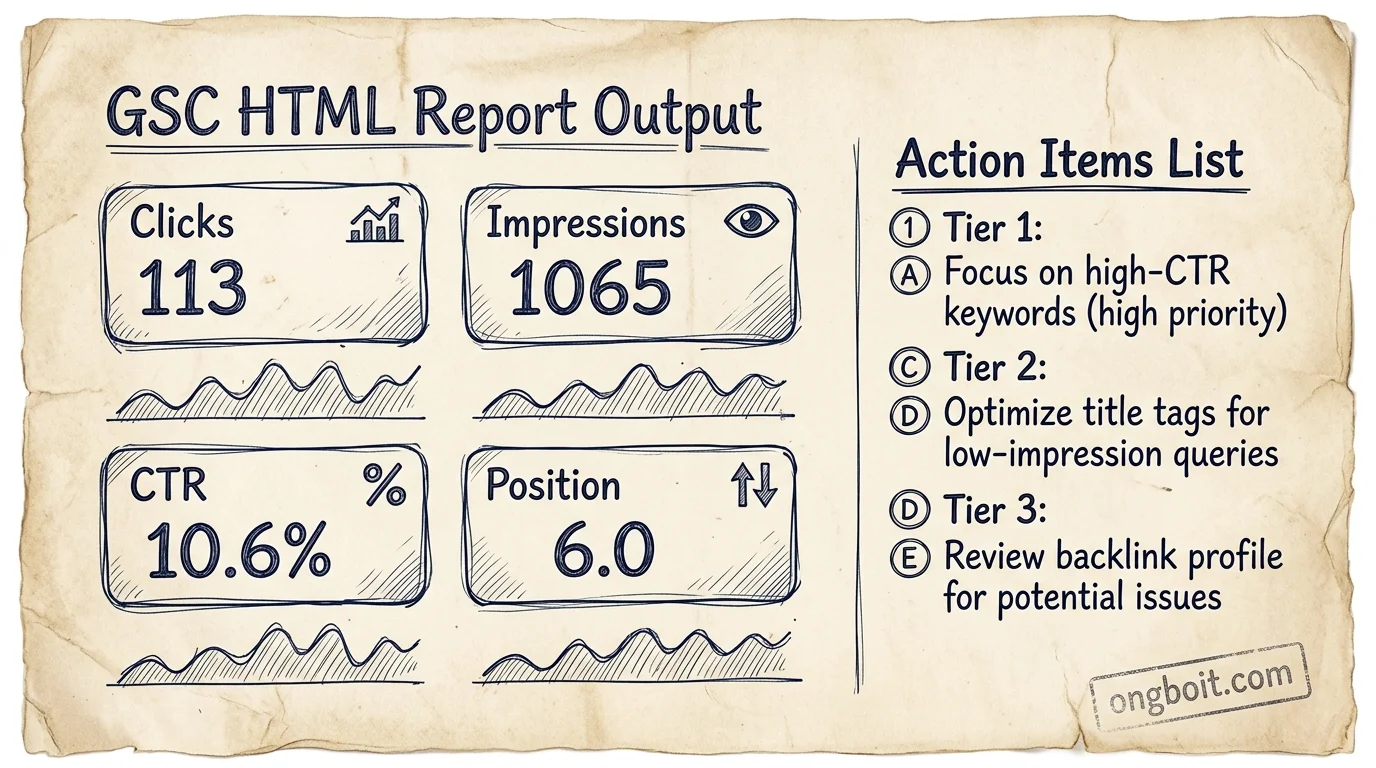 Báo cáo HTML từ /gsc-report: KPI cards, cannibalization detection và action plan theo mức ưu tiên