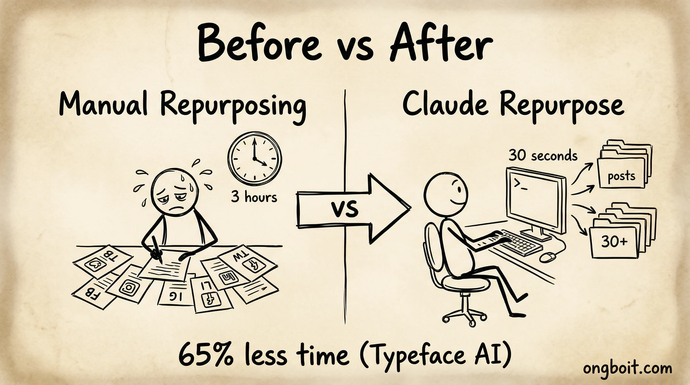 Trước và sau: repurpose thủ công 3-5 giờ vs Claude Repurpose 2-3 phút