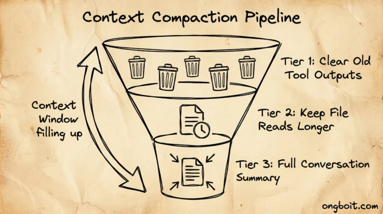 Context Compaction Pipeline 3 tiers clear tool outputs keep file reads full summary