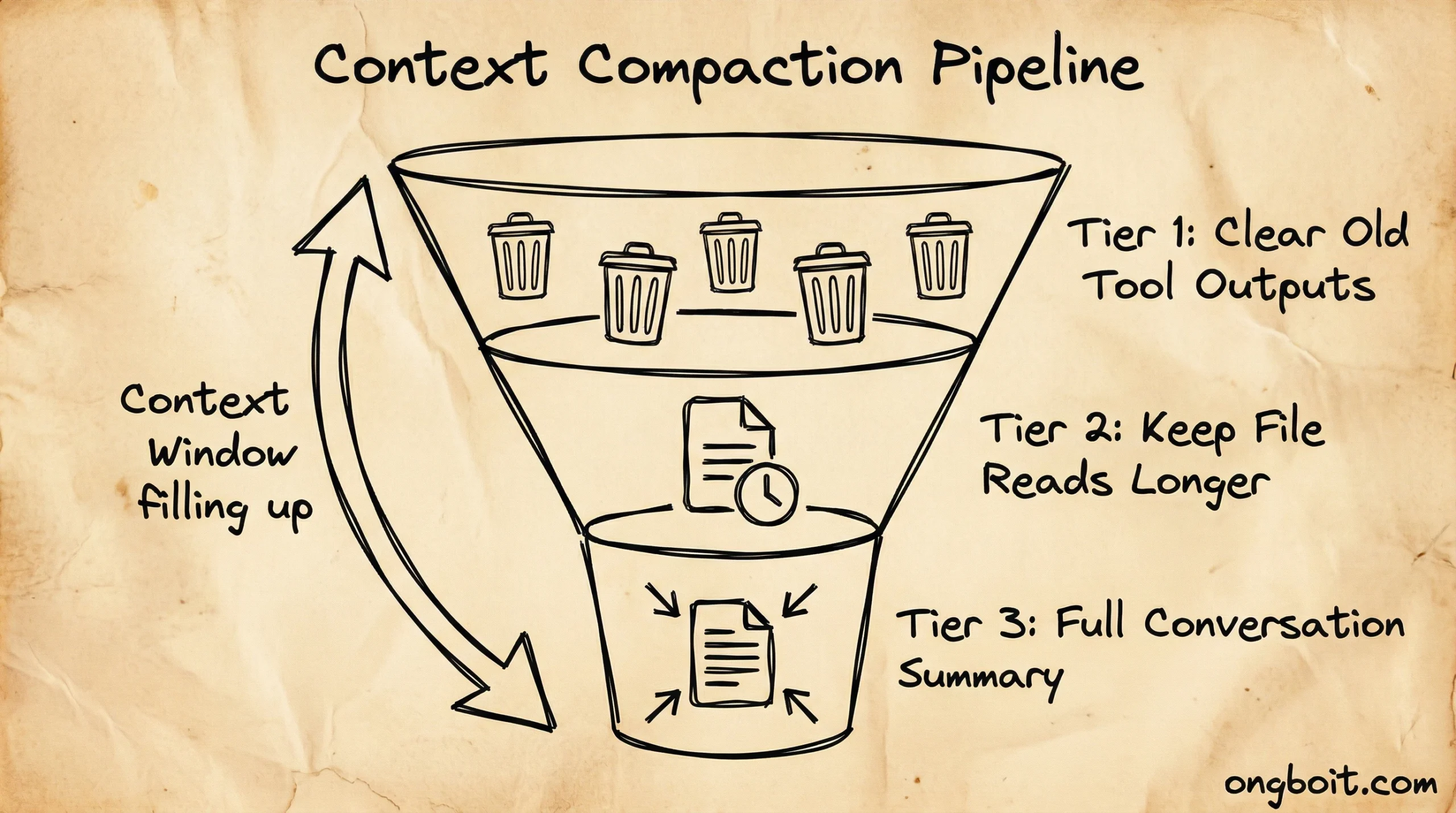 Context Compaction Pipeline 3 tiers clear tool outputs keep file reads full conversation summary