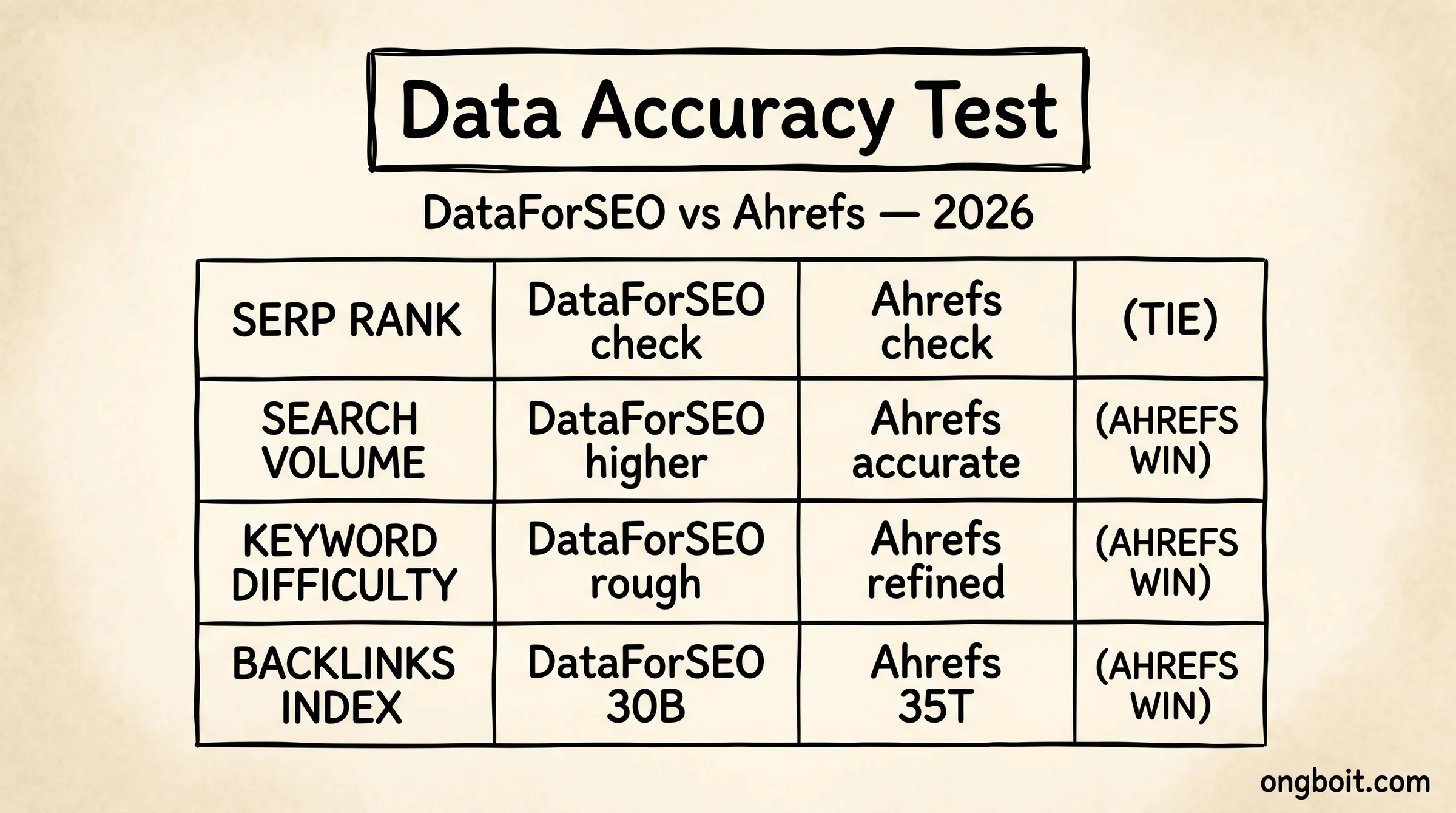 DataForSEO vs Ahrefs accuracy comparison: variance trên 50 keywords thực tế