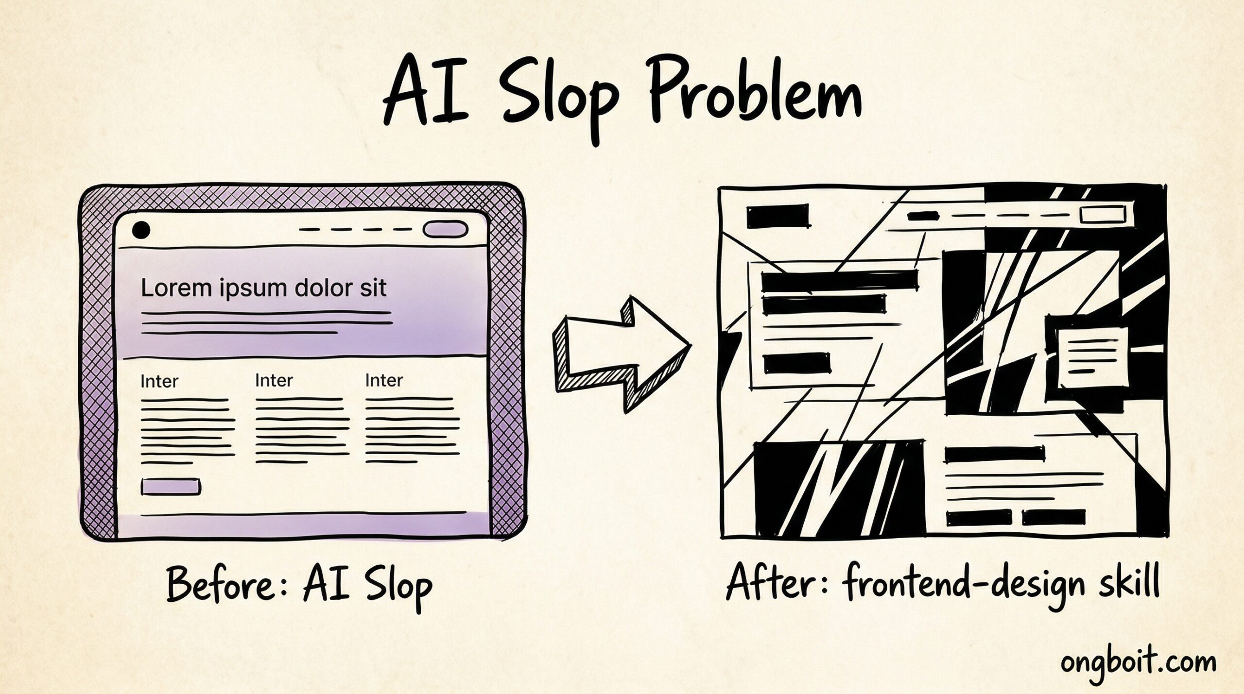 Minh họa AI slop trong giao diện web: button vuông, màu mặc định, font system-ui, không có cá tính thiết kế