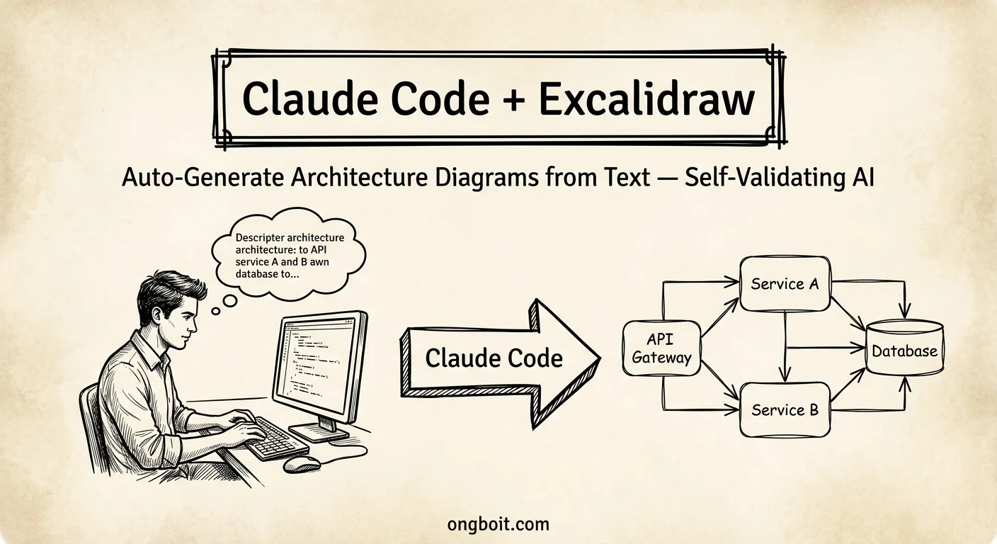 Claude Code terminal và Excalidraw architecture diagram được tạo tự động theo phong cách parchment sketch