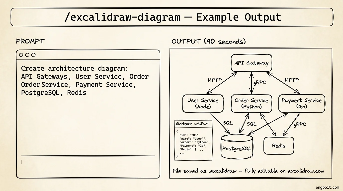 Ví dụ kết quả Excalidraw do Claude Code tạo: microservices với API gateway, 3 services, PostgreSQL và Redis với nhãn protocol