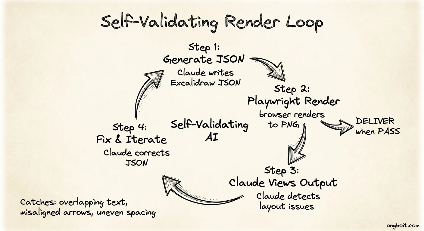 Self-validating render loop của claude code excalidraw: tạo JSON, Playwright render, Claude xem và tự sửa lỗi layout qua 4 bước