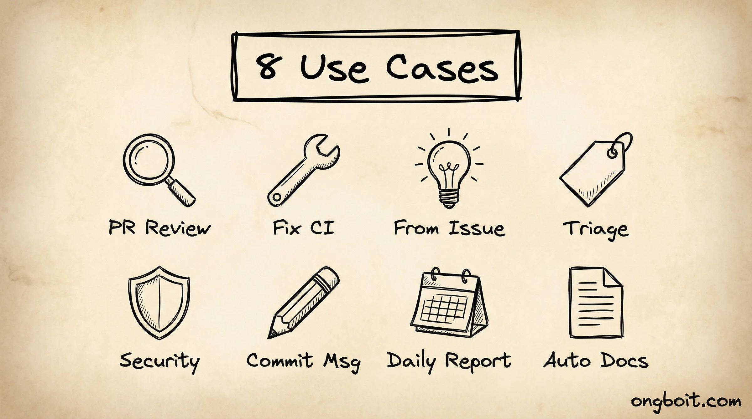 8 use cases: PR Review, Fix CI, Triage, Security.