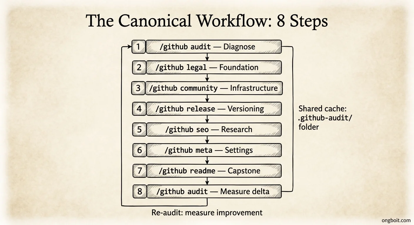 Canonical 8-step workflow claude-github: audit legal community release seo meta readme empire