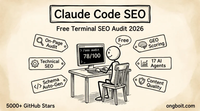 Claude Code SEO hero - terminal audit 78/100 with 6 skill labels