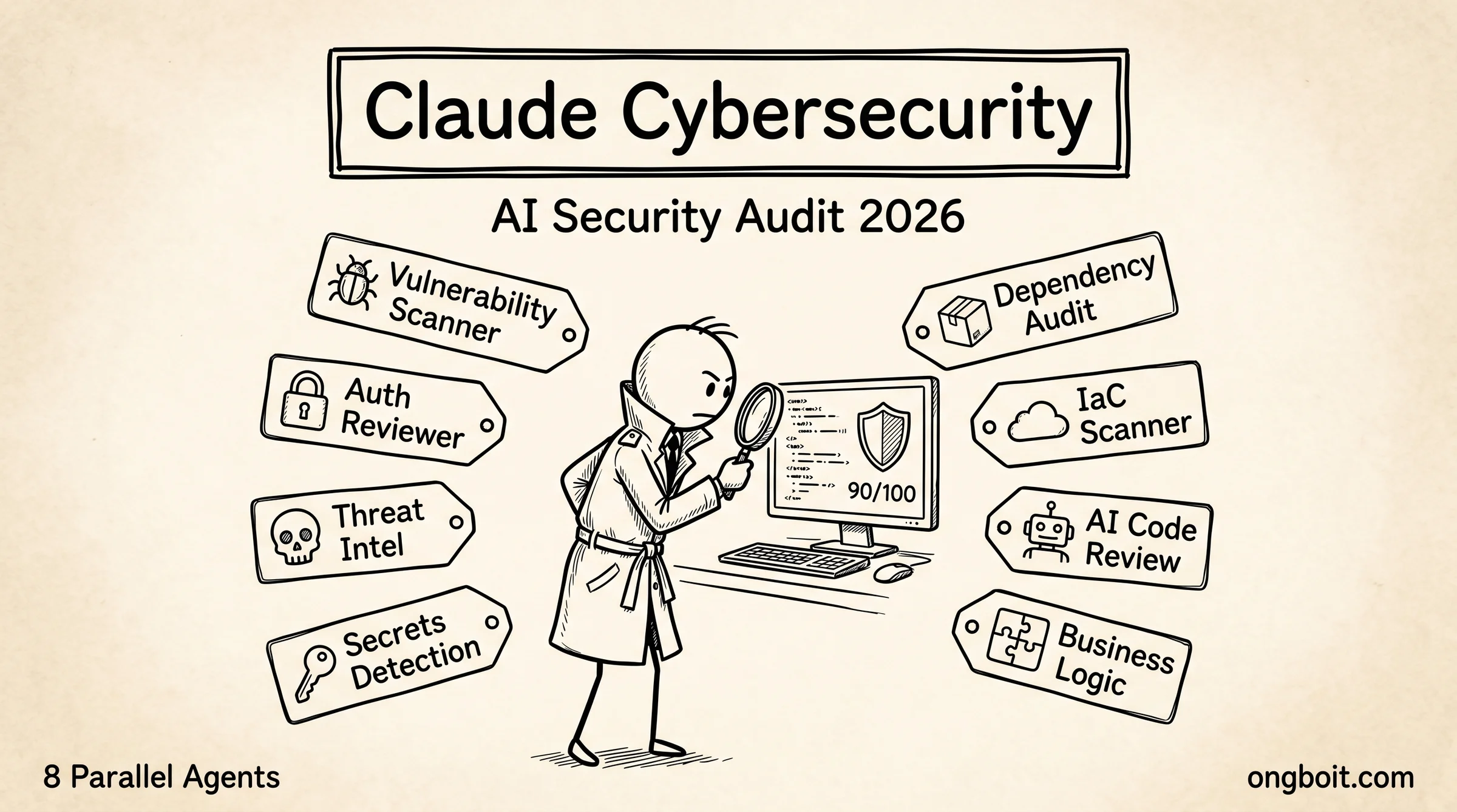 Claude cybersecurity audit bảo mật code: terminal chạy /cybersecurity với 8 AI agents và score 90/100