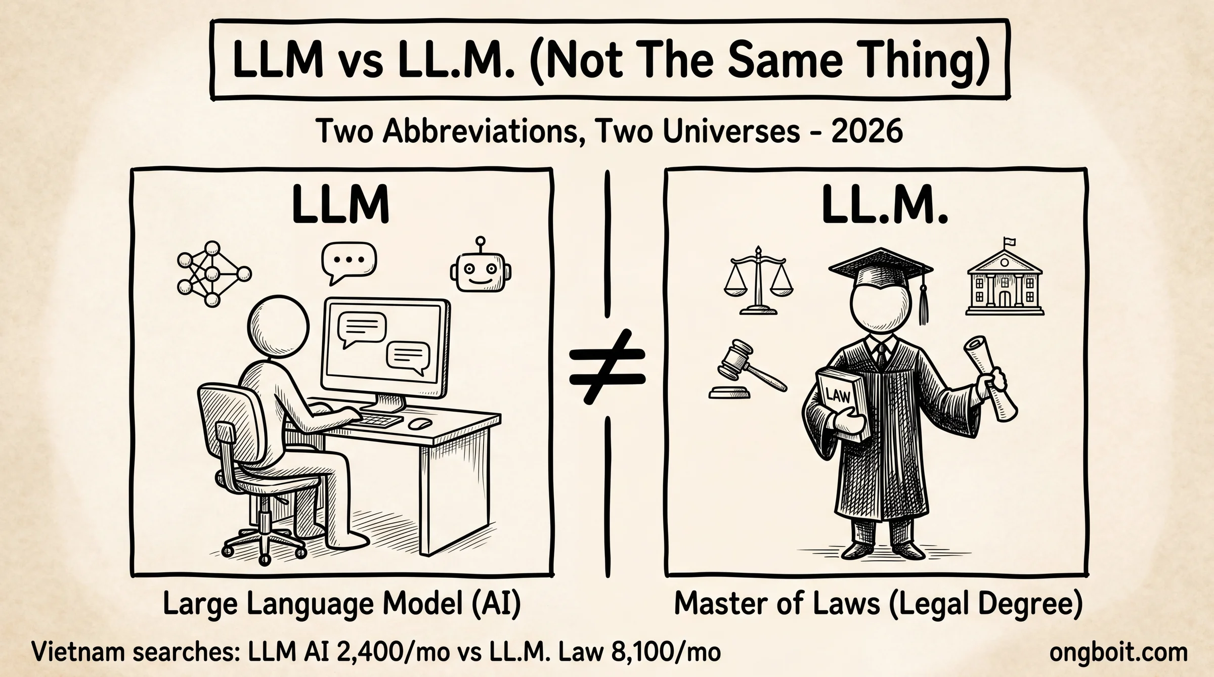 LLM trong AI khác với LL.M. Thạc sĩ Luật: minh họa tay tách biệt hai khái niệm