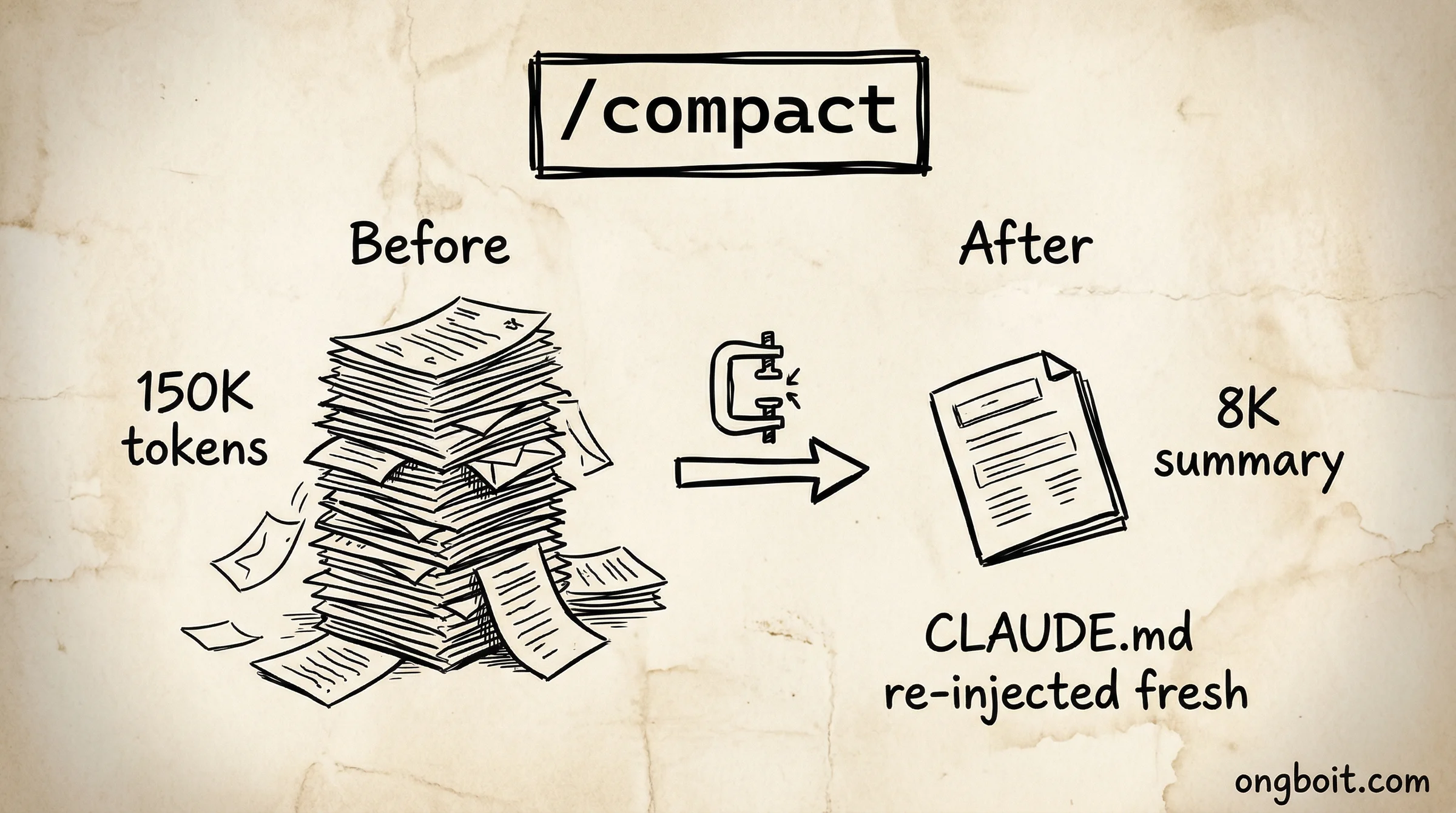 /compact: 150K tokens to 8K summary.