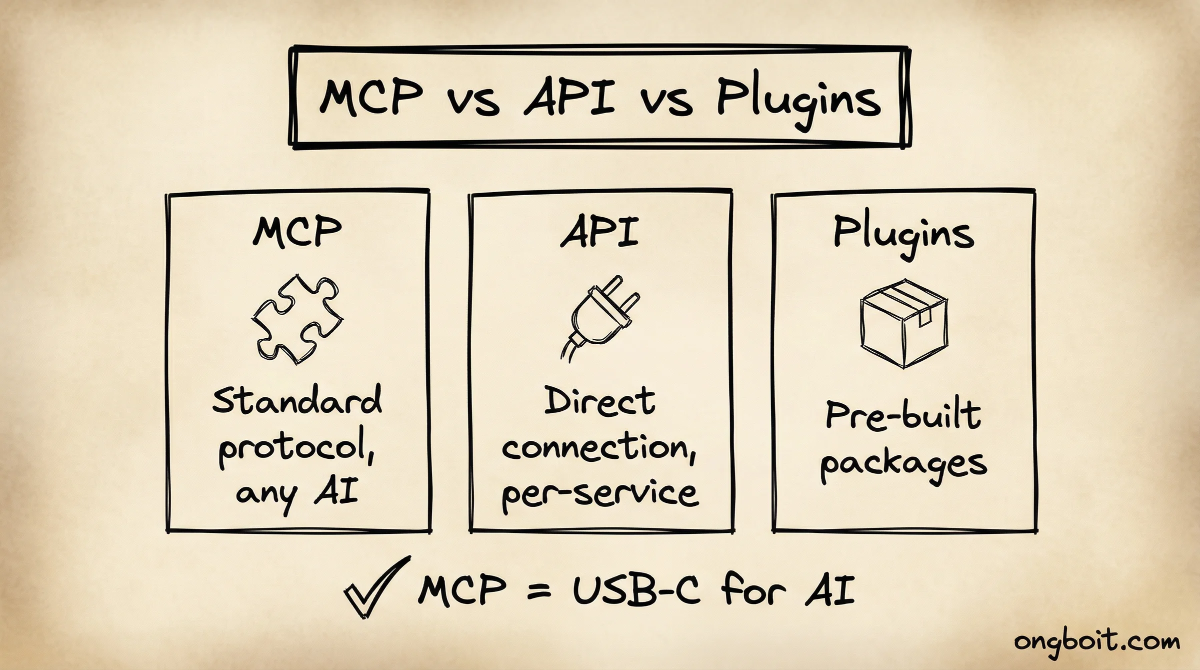 MCP vs API vs Plugins comparison.