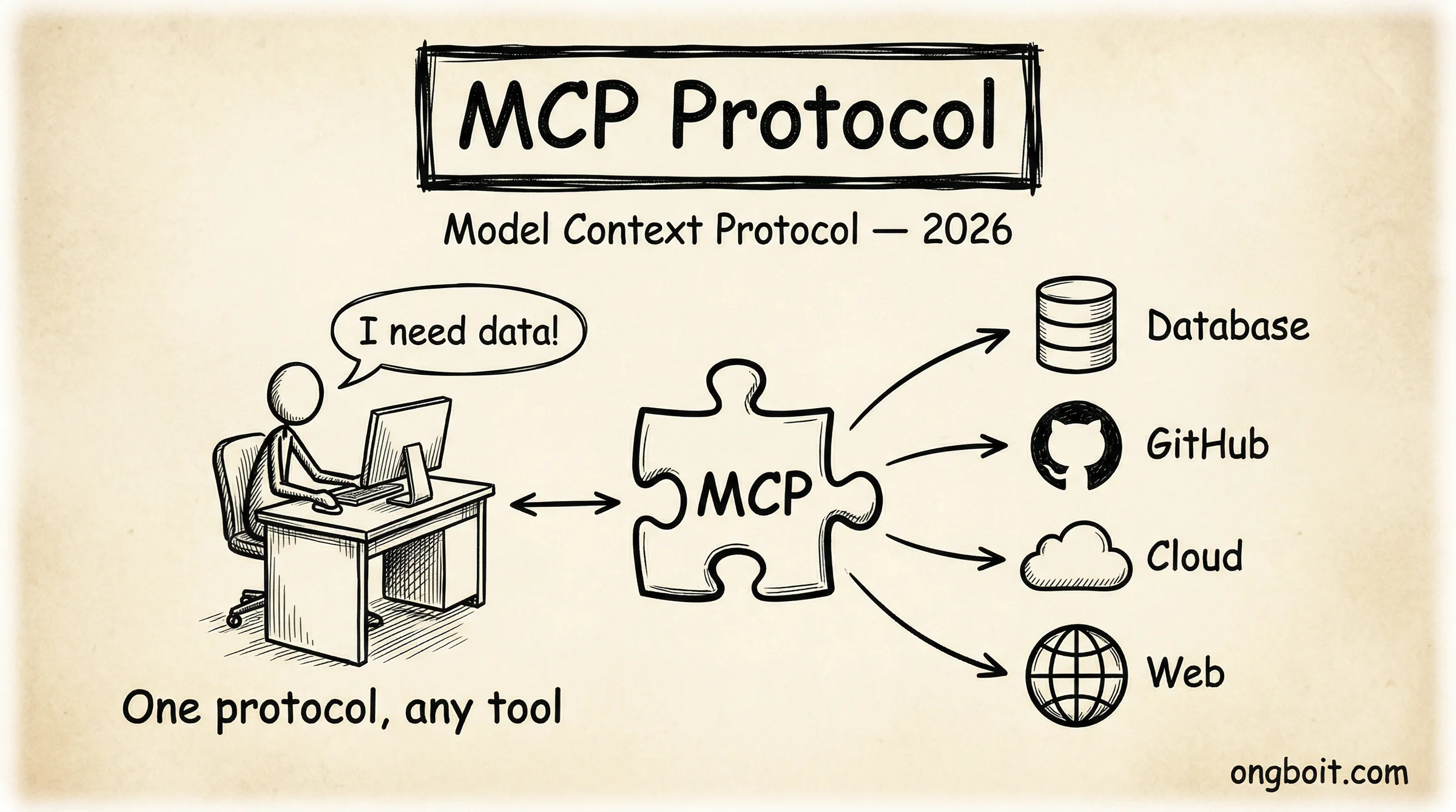 Sơ đồ kiến trúc Model Context Protocol cho thấy Host kết nối với nhiều MCP Servers trên nền tối
