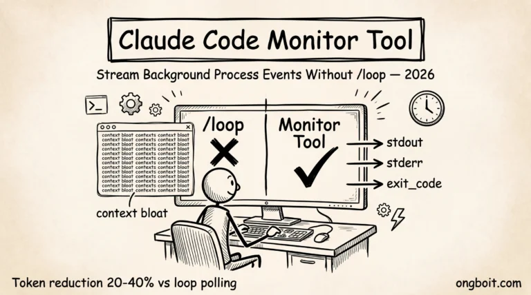 Claude Code Monitor Tool: stick figure at terminal with split screen — left side shows /loop with X mark and context overflow, right side shows Monitor Tool with checkmark and clean event stream arrows labeled stdout, stderr, exit_code