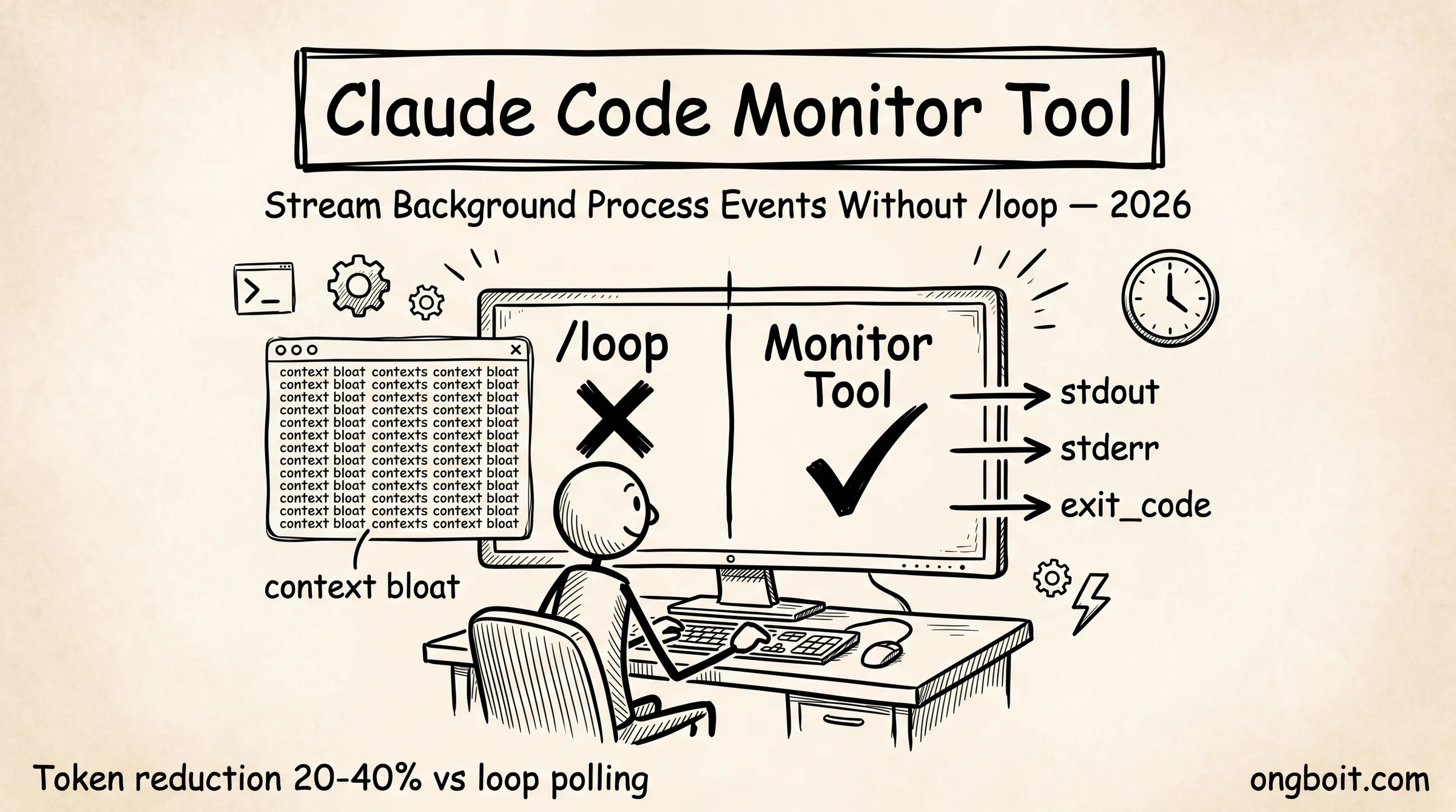 Claude Code Monitor Tool: stick figure at terminal with split screen: left side shows /loop with X mark and context overflow, right side shows Monitor Tool with checkmark and clean event stream arrows labeled stdout, stderr, exit_code