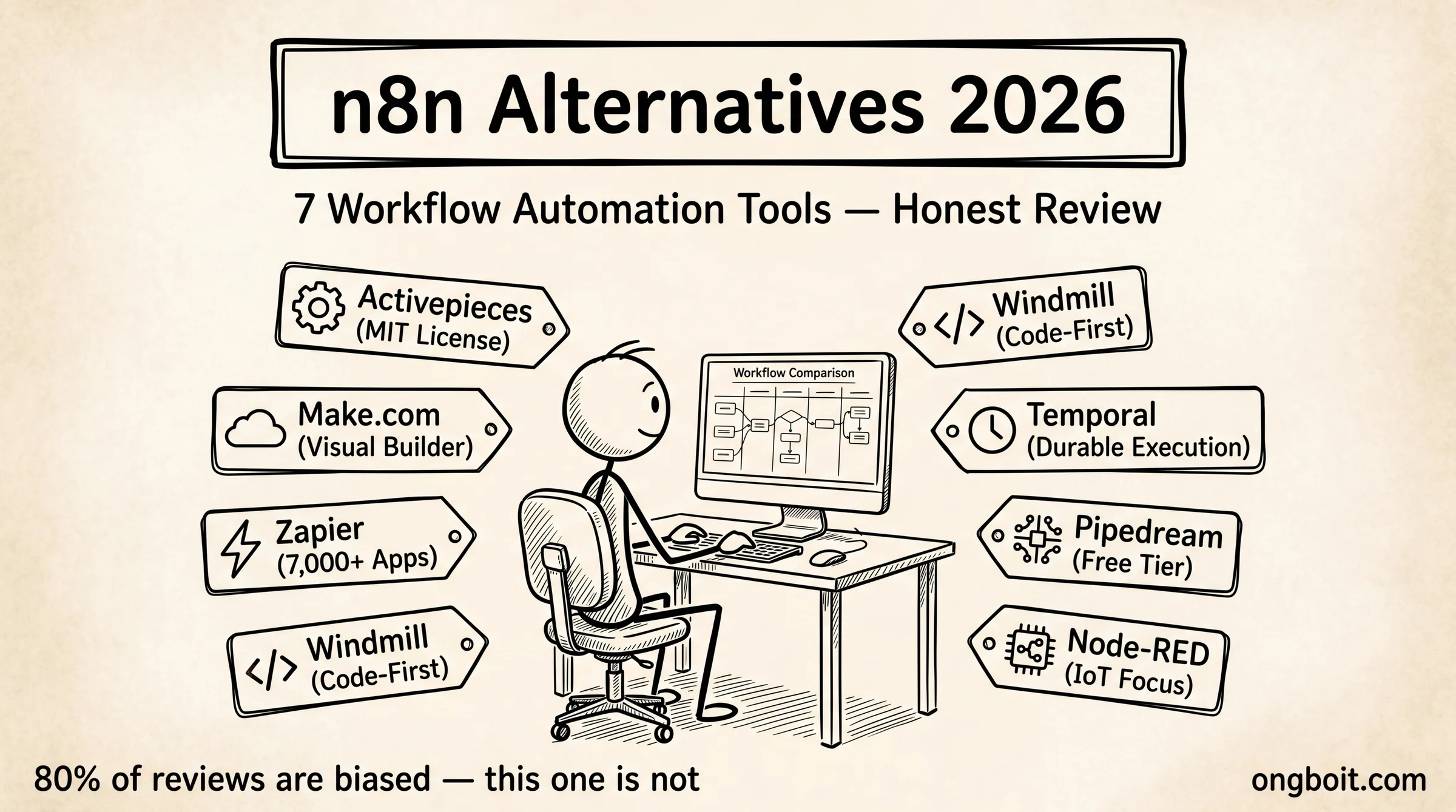 7 thay thế n8n tốt nhất 2026: Activepieces, Make.com, Zapier, Windmill, Temporal, Pipedream, Node-RED so sánh review