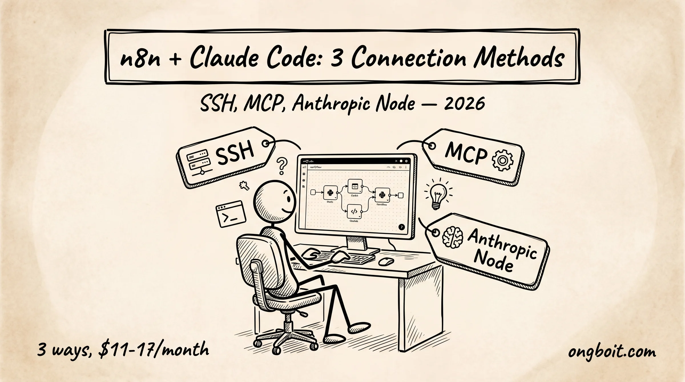n8n + Claude Code: 3 cách kết nối SSH, MCP, Anthropic Node. Hướng dẫn setup chi phí $11-17/tháng