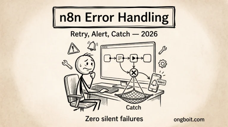 n8n Error Handling: stick figure xu ly loi workflow voi 3 lop Retry, Alert, Catch - khong de workflow fail am tham
