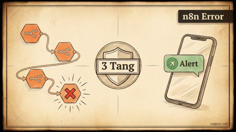 Kiến trúc tổng quan n8n error handling: workflow lỗi bên trái, Telegram alert bên phải, 3 tầng bảo vệ ở giữa