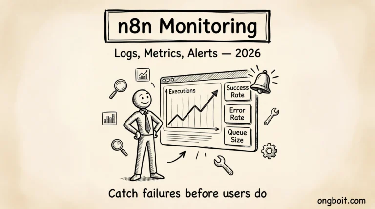 n8n Monitoring: stick figure theo doi dashboard voi Executions graph, Success Rate, Error Rate, Queue Size