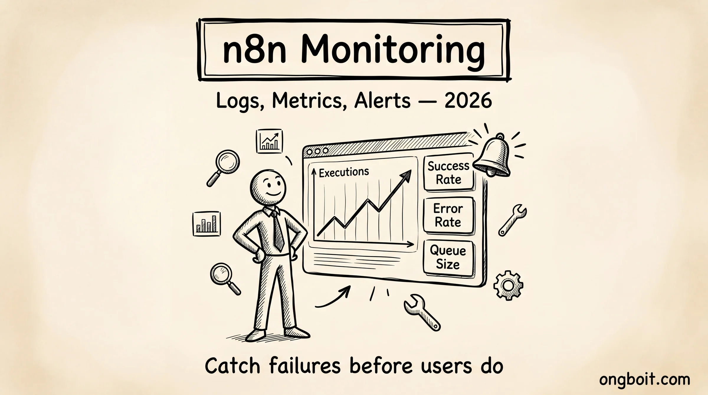 n8n Monitoring: stick figure theo doi dashboard voi Executions graph, Success Rate, Error Rate, Queue Size