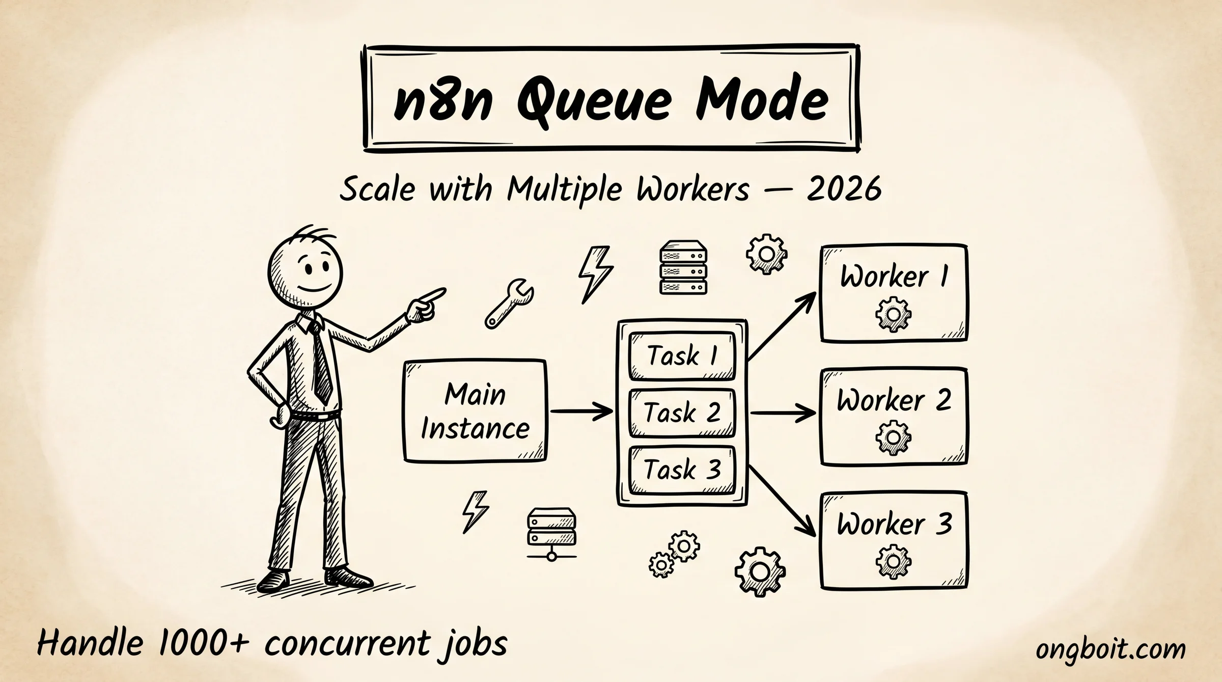 n8n Queue Mode: stick figure giai thich Main Instance distribute tasks sang 3 Workers - scale n8n voi queue mode