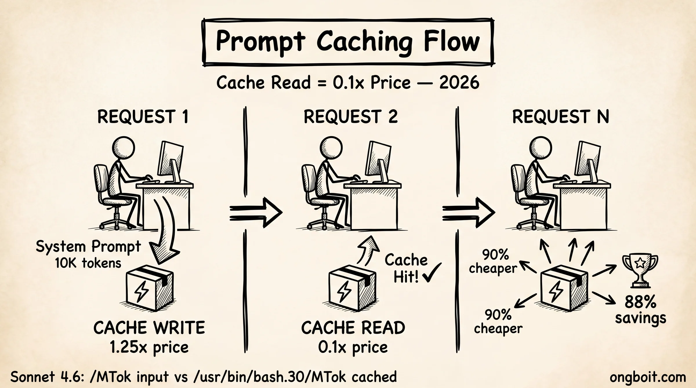 Prompt Caching Flow: 3 bước từ cache write đến cache read tiết kiệm 90% chi phí