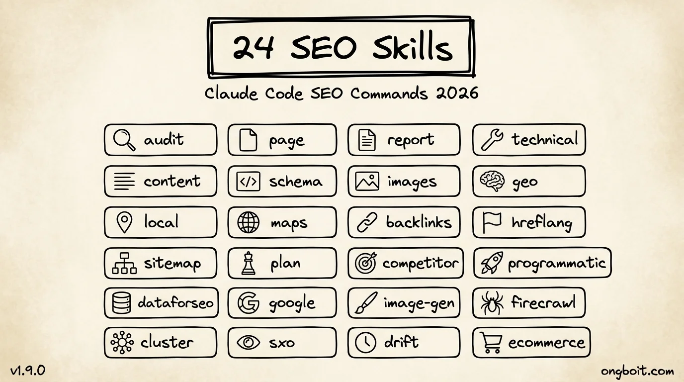 Claude Code SEO 25 sub-skills + 18 sub-agents command grid - v1.9.9