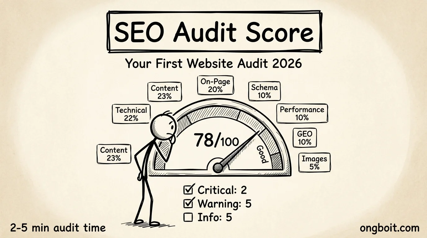 Claude Code SEO audit score gauge 78/100 with 7 weighted categories