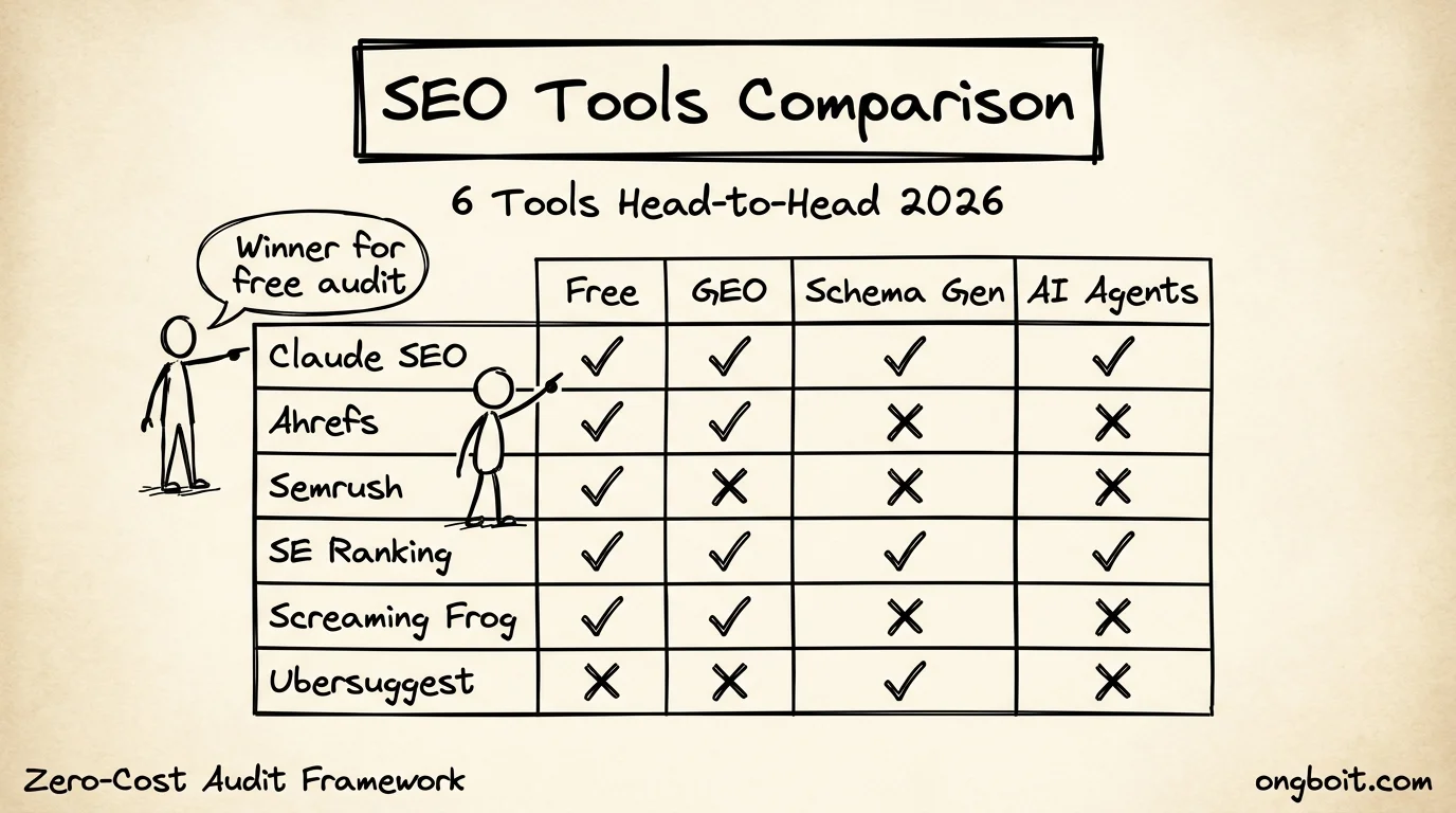 Claude Code SEO vs Ahrefs Semrush SE Ranking comparison table