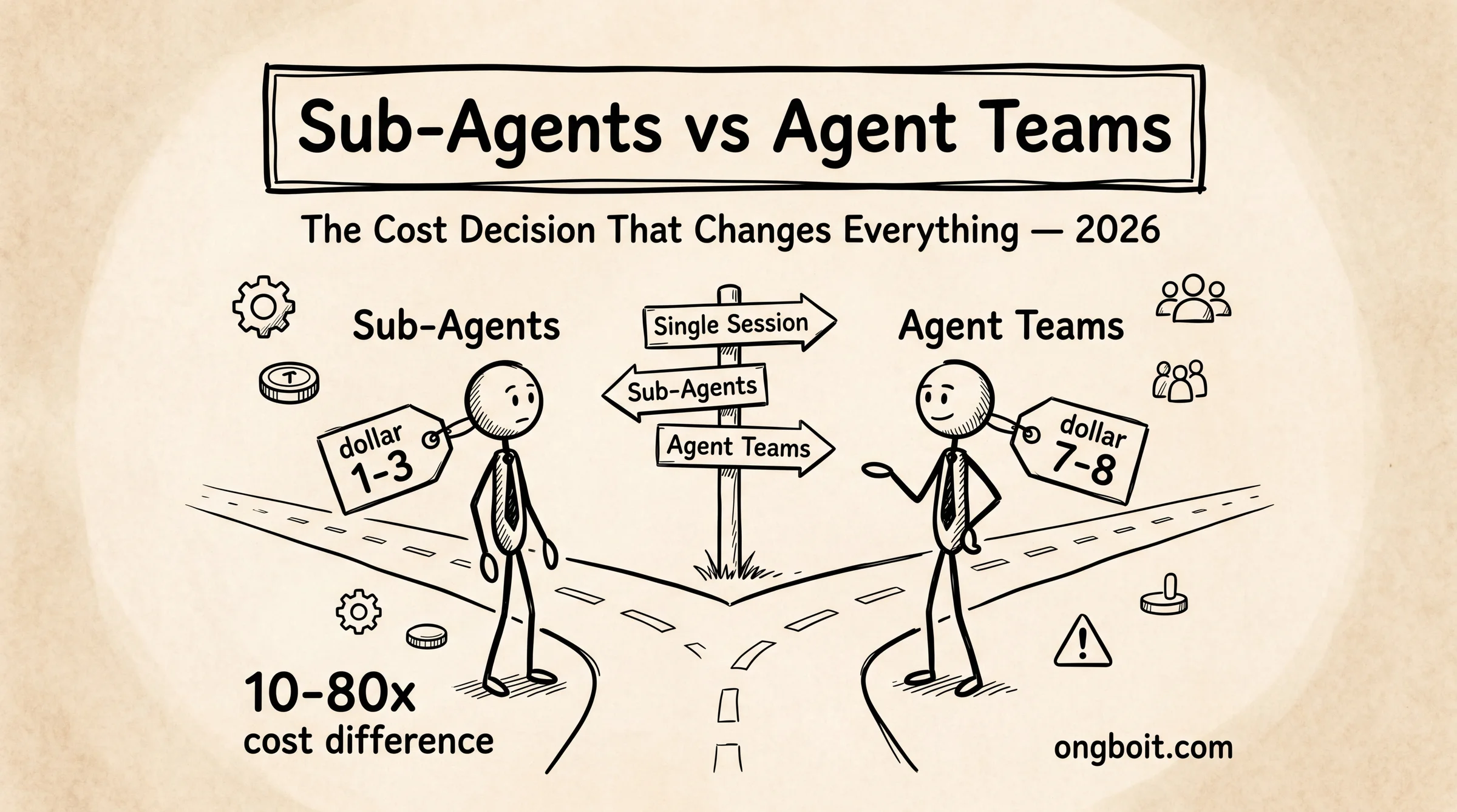 Sub-Agents vs Agent Teams: two stick figures at a fork in the road with cost labels $1-3 and $7-8, decision signpost, parchment sketch style