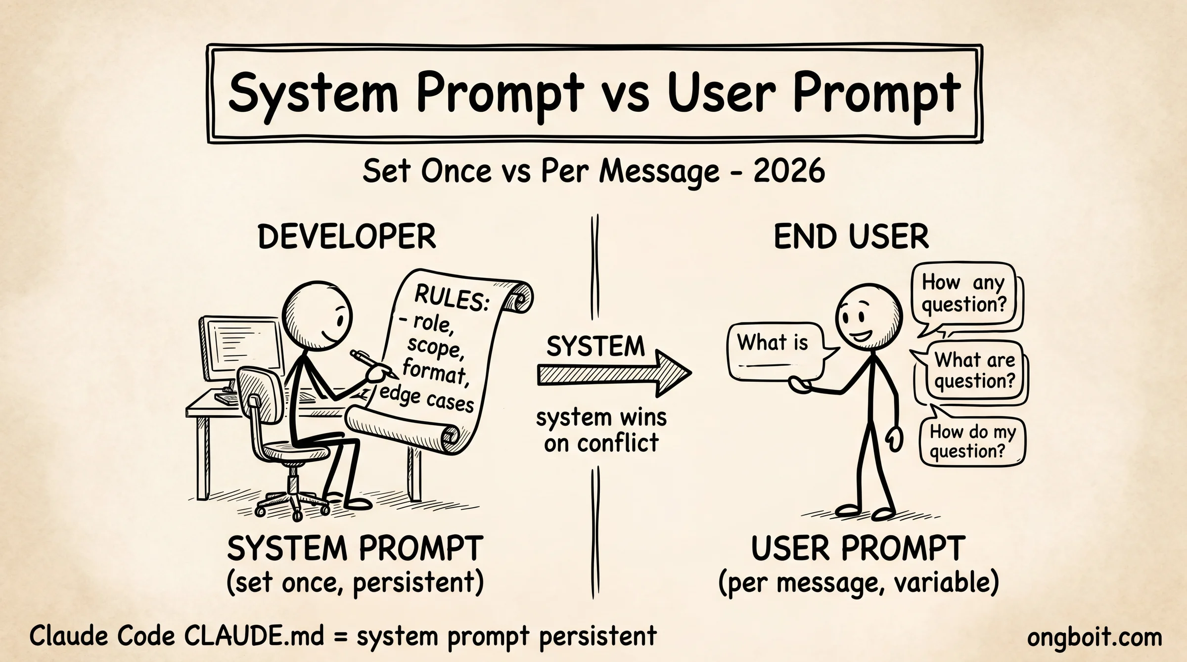 System prompt vs User prompt: minh họa tay trên giấy cũ, hai khái niệm tách biệt