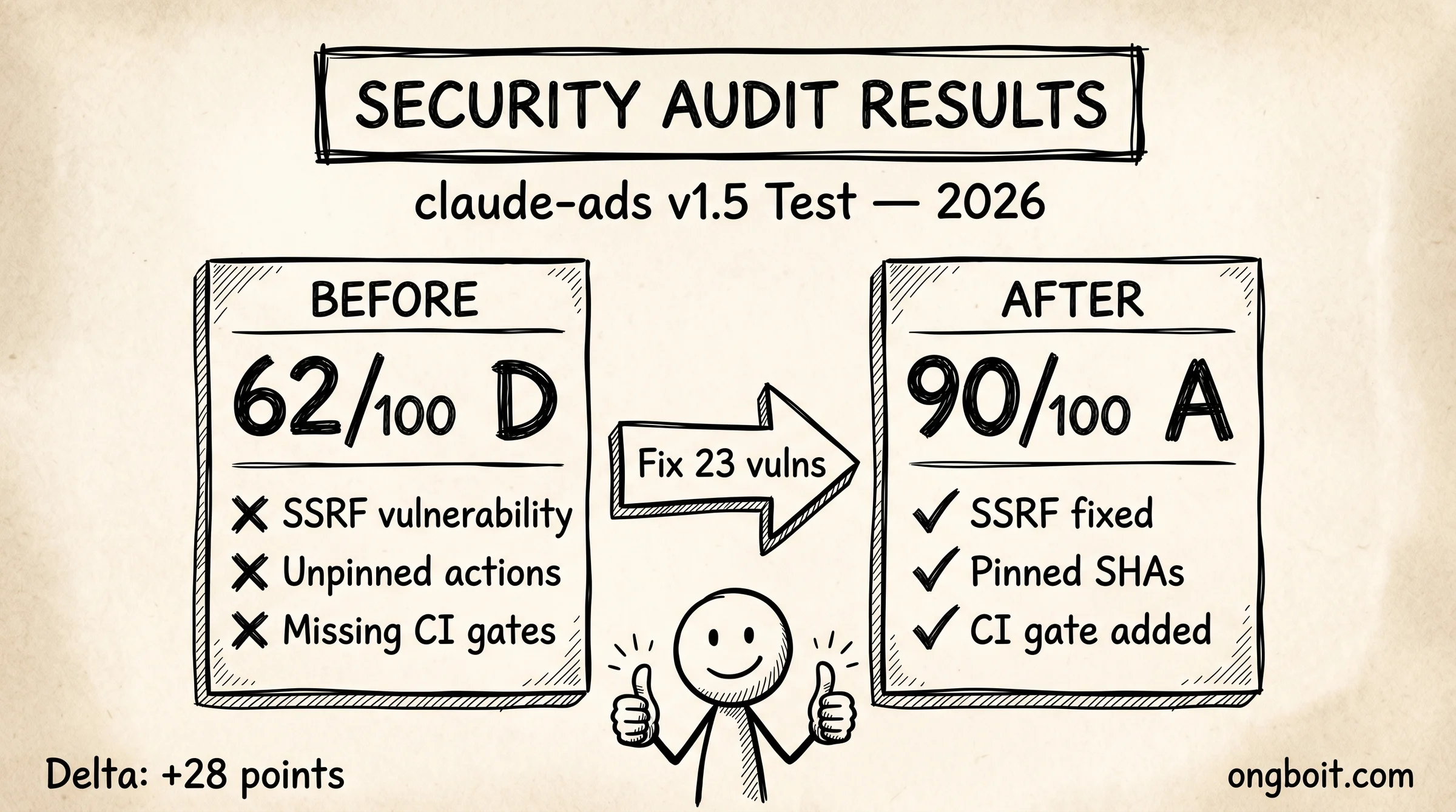 Security score trước và sau khi fix: 62/100 grade D lên 90/100 grade A với 23 vulnerabilities đã sửa