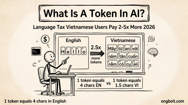 What Is A Token In AI — Language Tax whiteboard illustration showing English vs Vietnamese token counts