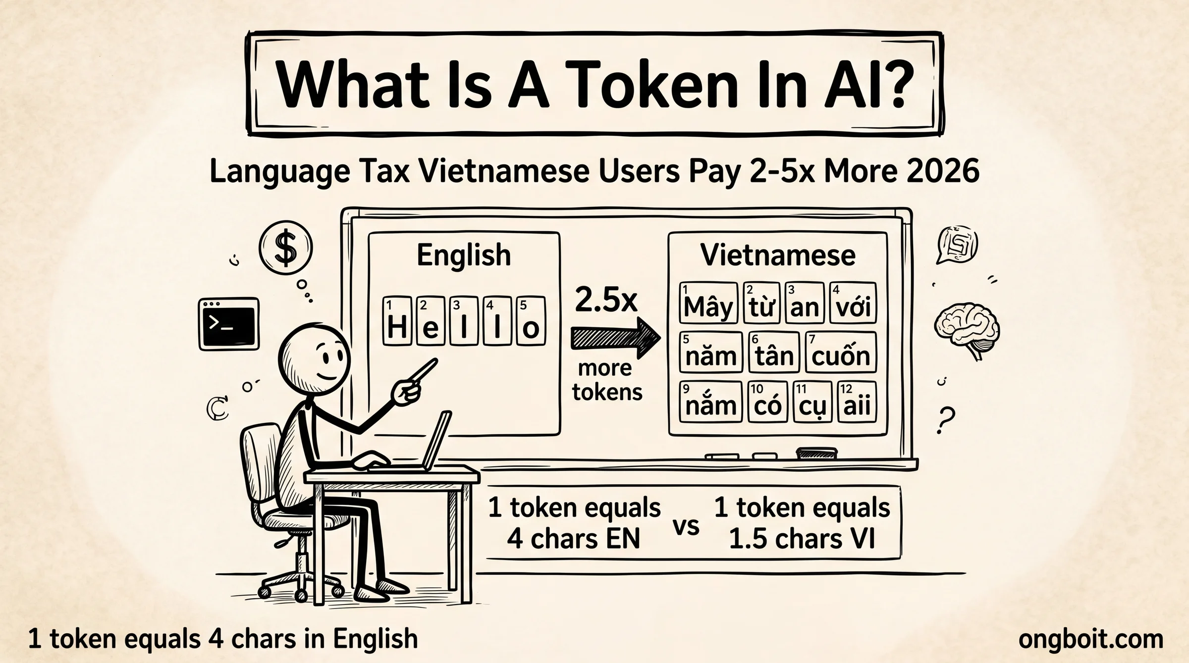 What Is A Token In AI: Language Tax whiteboard illustration showing English vs Vietnamese token counts