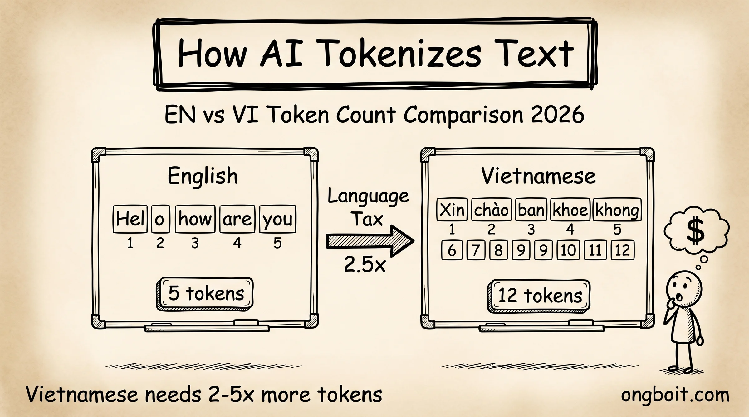 How AI tokenizes text: EN vs VI comparison showing 5 tokens for English vs 12 tokens for Vietnamese