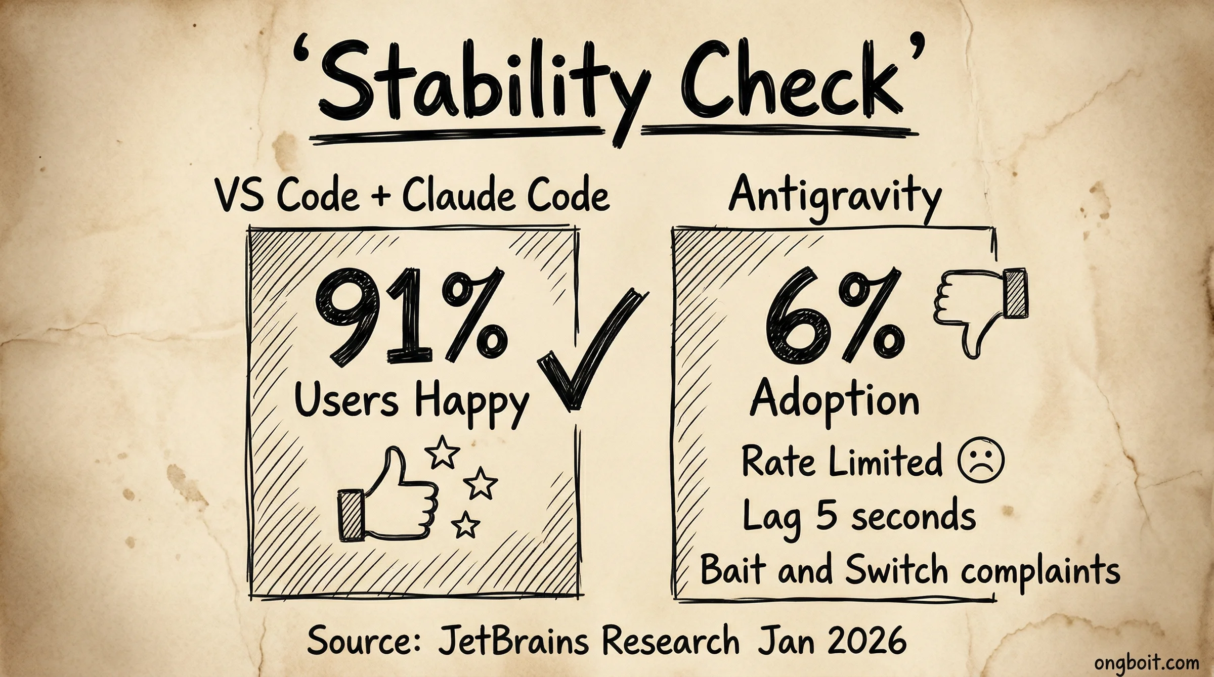 Độ ổn định: VS Code 91% hài lòng vs Antigravity 6% adoption