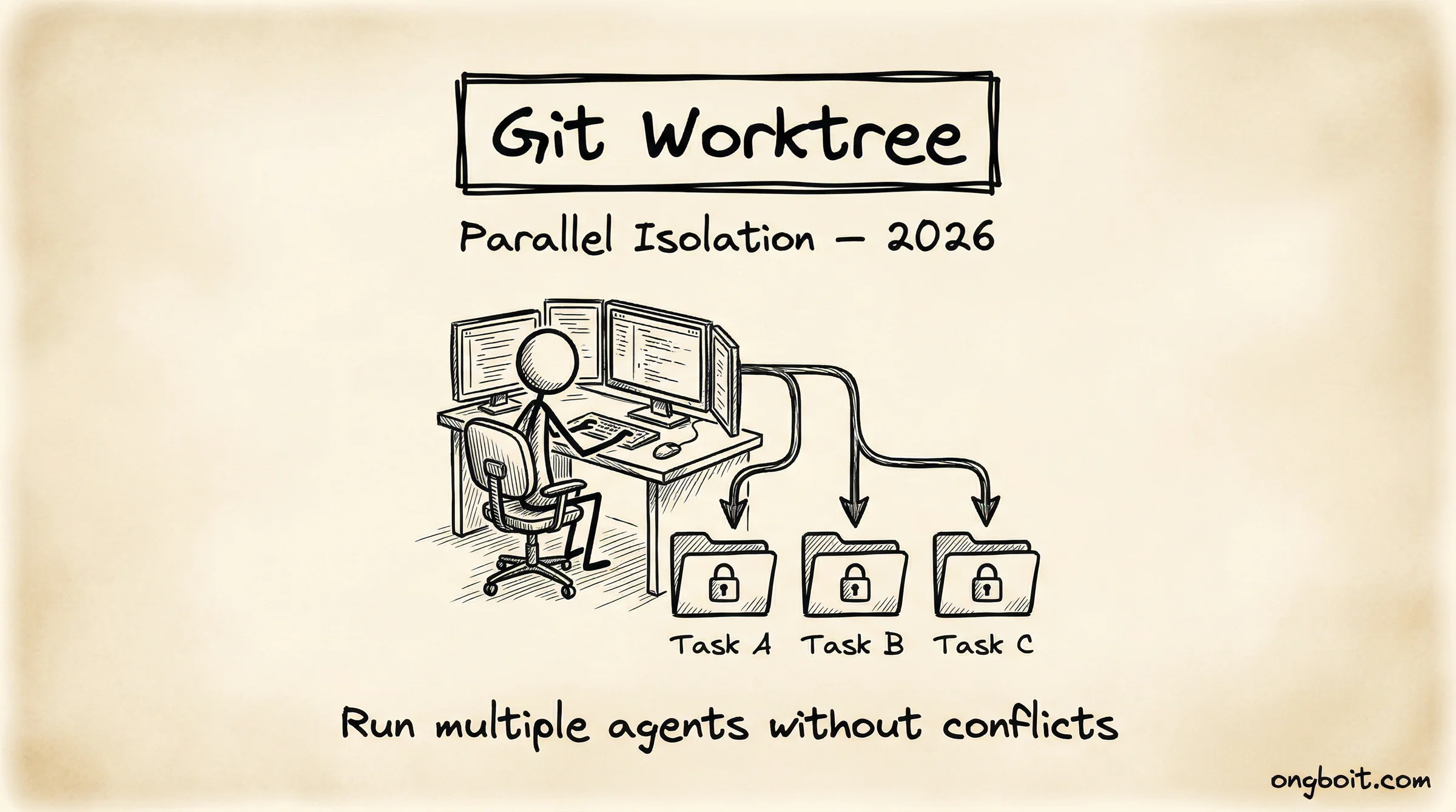 Diagram showing multiple Claude Code worktrees running in parallel from a single Git repository, each isolated in its own working directory.